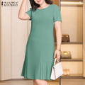 2025 ZANZEA Office Pleated Dresses Summer Women Short Sleeve Work OL Sundress Casual Solid Party Vestidos Knee-length Robe Femme