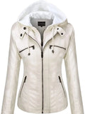 Hooded Leather Jacket Two-Piece Set Removable Large Size Leather Jacket for Women Spring & Fall Outwear for Women Pu Washed Leather