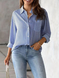 Classic Blue Striped Shirt Women 2026 Spring Streetwear Vintage Long Sleeve Blouses Female Casual Loose Single-Breasted Shirts