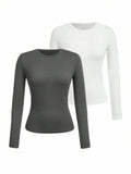 Women's solid-color long-sleeved T-shirt - Polyester knitted fabric, round neck, regular fit, fall-winter style