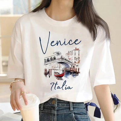 Hot Sale Venice Italia Letter Print Women's Crew Neck T-Shirt  Casual Short Sleeve Letter Print Spring Summer Top Tee T Shirt