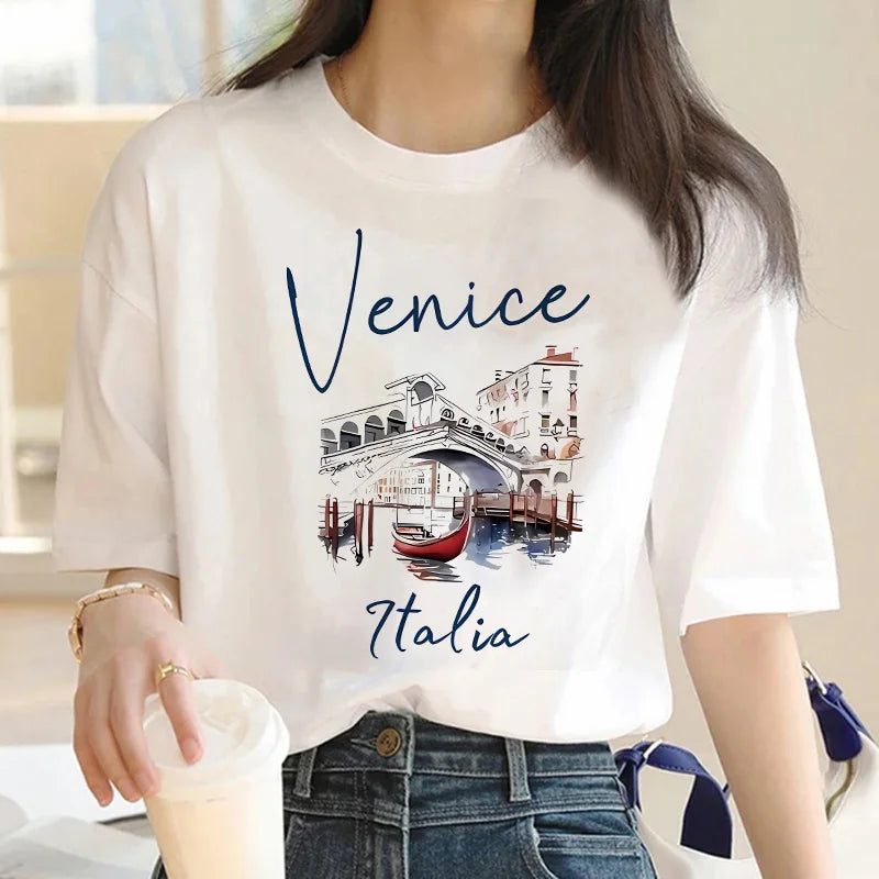 Hot Sale Venice Italia Letter Print Women's Crew Neck T-Shirt  Casual Short Sleeve Letter Print Spring Summer Top Tee T Shirt
