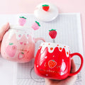 Cute Design With Lid Strawberry Mug Pink Color 450ML Capacity Coffee Mug Heart Art Easy To Clean Porcelain Mug Office Use
