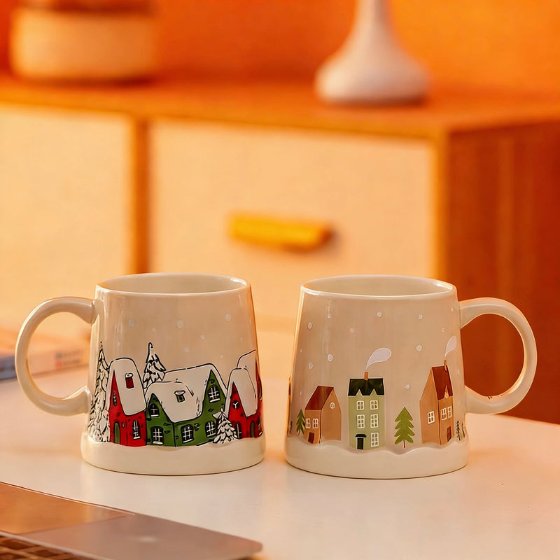 Christmas Snow House Ceramic Coffee Mug, 12oz Winter Village Coffee Cup, Cute Holiday Mug for Christmas Gift