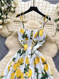 SINGREINY Lemon Print Beach Midi Dress Summer Women Spaghetti Strap A line Backless Split Korean Bohemian Floral Sundress