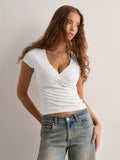 2025 Summer New Fashion Women's T-Shirt Solid-Color Slim-Fit V-Neck Short-Sleeve Top Y2k Clothing