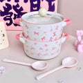 Pink Bow Double Ear Handle Bowl Ceramic Instant Noodles Bowl with Lid Cute Girl Heart Soup Bowl, High Beauty Household Rice Bowl