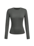 Women's solid-color long-sleeved T-shirt - Polyester knitted fabric, round neck, regular fit, fall-winter style