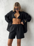 Bornladies Cotton Casual Pants Sets Women's Solid Color Cozy Lapel Long Sleeve Shirt Summer Outfit Elastic Waist Pants Suits