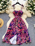SINGREINY Lemon Print Beach Midi Dress Summer Women Spaghetti Strap A line Backless Split Korean Bohemian Floral Sundress