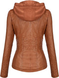 Hooded Leather Jacket Two-Piece Set Removable Large Size Leather Jacket for Women Spring & Fall Outwear for Women Pu Washed Leather