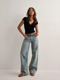 2025 Summer New Fashion Women's T-Shirt Solid-Color Slim-Fit V-Neck Short-Sleeve Top Y2k Clothing