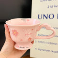 Sakura Relief Ceramic Mug with Spoon Pink Cute High Foot Design for Women Home Use Coffee Cup Souvenir Gift