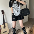 music cat print drawstring women's shorts elastic waist sports solid color shorts summer Kawaii fashion wide-leg women's clothes