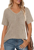 2025 Spring/Summer V-neck brushed texture ribbed solid color short-sleeved T-shirt for women