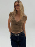 2025 Summer New Fashion Women's T-Shirt Solid-Color Slim-Fit V-Neck Short-Sleeve Top Y2k Clothing