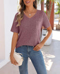 2025 Spring/Summer V-neck brushed texture ribbed solid color short-sleeved T-shirt for women