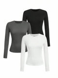 Women's solid-color long-sleeved T-shirt - Polyester knitted fabric, round neck, regular fit, fall-winter style