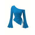 women's New off shoulder cross long sleeved slim fit casual street style asymmetrical elegant T-shirt trumpet sleeve top