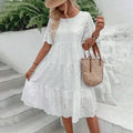 Women's Long Simple Casual Solid Hollow Out Pure Cotton Holiday Style High Waist Fashion Mid-Calf Summer Dresses NEW Vestidos