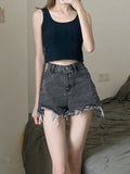 Aoaiiys White Jean Shorts for Women Ripped Jeans High Waisted Denim Shorts Y2k Tassel Wide Leg Hot Shorts Summer Streetwear