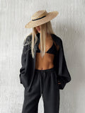 Bornladies Cotton Casual Pants Sets Women's Solid Color Cozy Lapel Long Sleeve Shirt Summer Outfit Elastic Waist Pants Suits