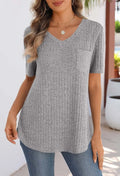 2025 Spring/Summer V-neck brushed texture ribbed solid color short-sleeved T-shirt for women