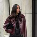Zekye Spring Summer Women Jackets Fashion Lapel Zipper Long Sleeve Female Coats Lady Street Outwear Burgundy Leather Jacket