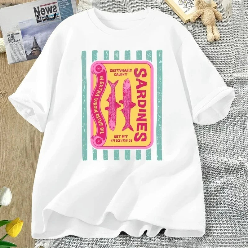 Sardines Graphic T-Shirt Retro Foodie Tee Tinned Fish Print T Shirt Coastal Summer Tee Fisherman Aesthetic Tee Woman Clothing