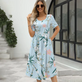 2024 Europe and the United States summer new women's fashion elegant printed round neck short sleeve zipper dress