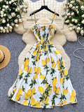 SINGREINY Lemon Print Beach Midi Dress Summer Women Spaghetti Strap A line Backless Split Korean Bohemian Floral Sundress