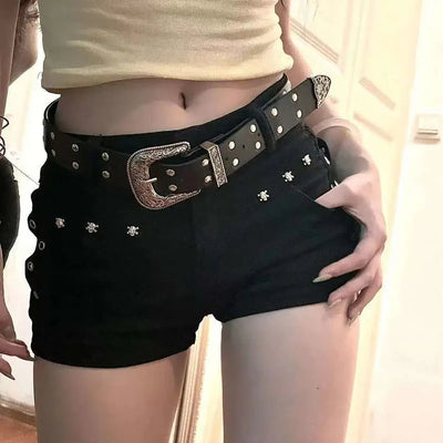 Black Low Waist Y2K Jean Shorts for Women | Sexy Slim Fit Denim